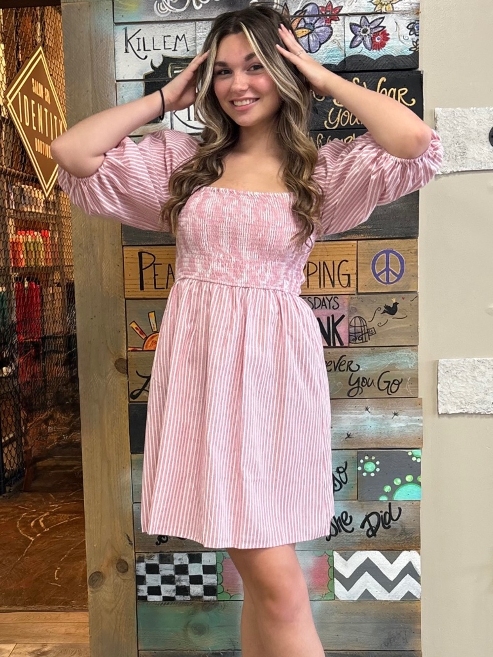 Pink Square-neck Striped Dress